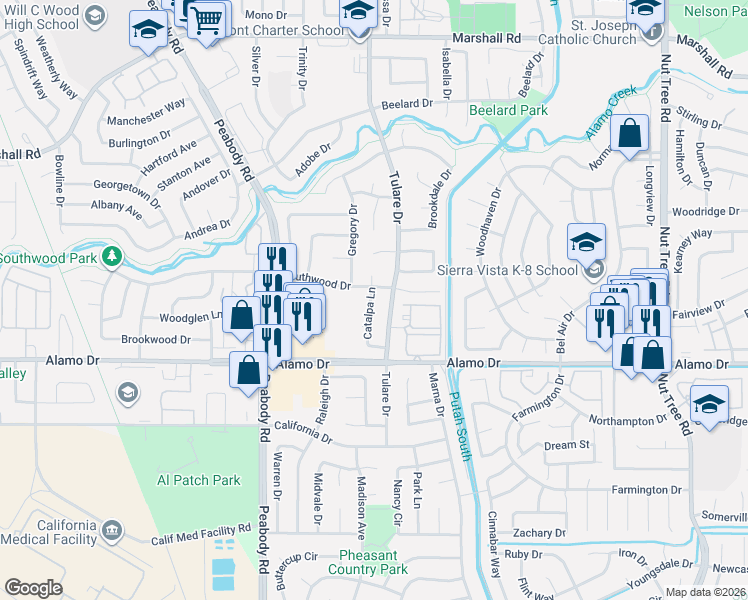 map of restaurants, bars, coffee shops, grocery stores, and more near 884 Tulare Drive in Vacaville