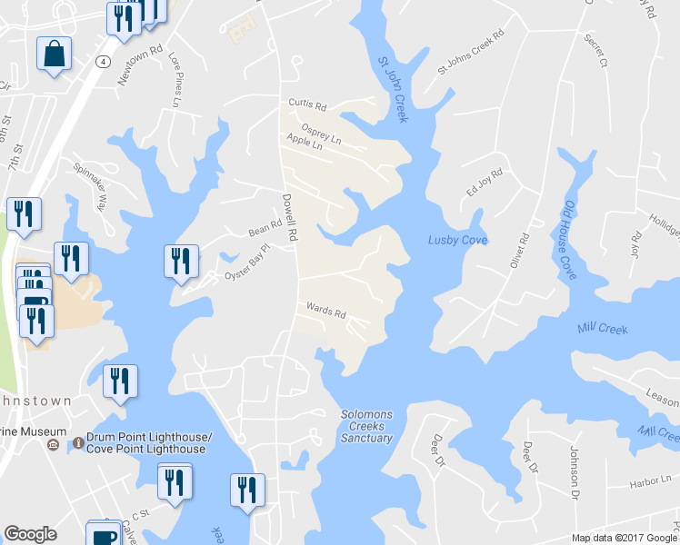 map of restaurants, bars, coffee shops, grocery stores, and more near 558 Rolling Hills Road in Calvert County