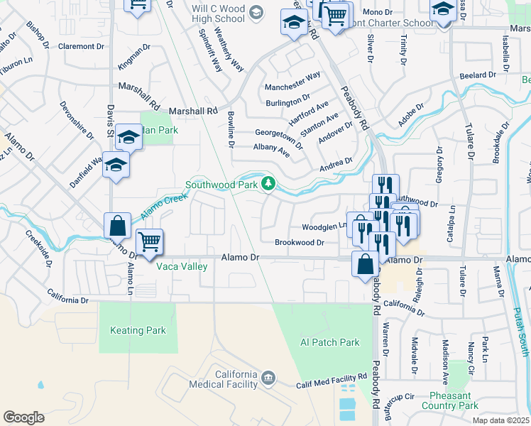map of restaurants, bars, coffee shops, grocery stores, and more near 1766 Southwood Drive in Vacaville