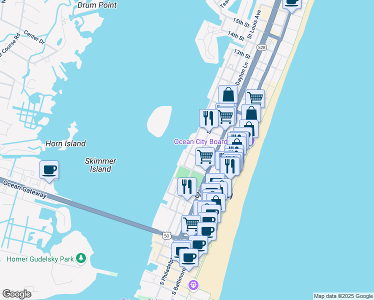 map of restaurants, bars, coffee shops, grocery stores, and more near in Ocean City
