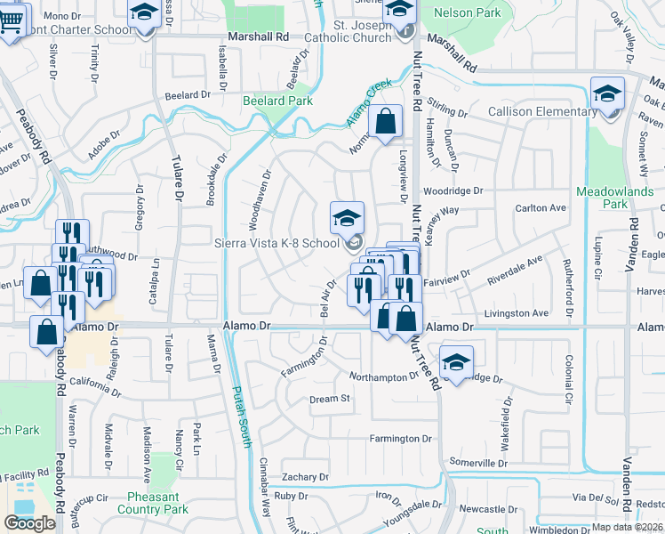 map of restaurants, bars, coffee shops, grocery stores, and more near 166 Incline Court in Vacaville