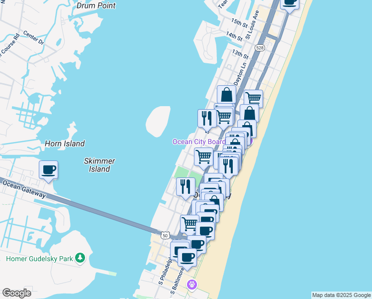 map of restaurants, bars, coffee shops, grocery stores, and more near in Ocean City