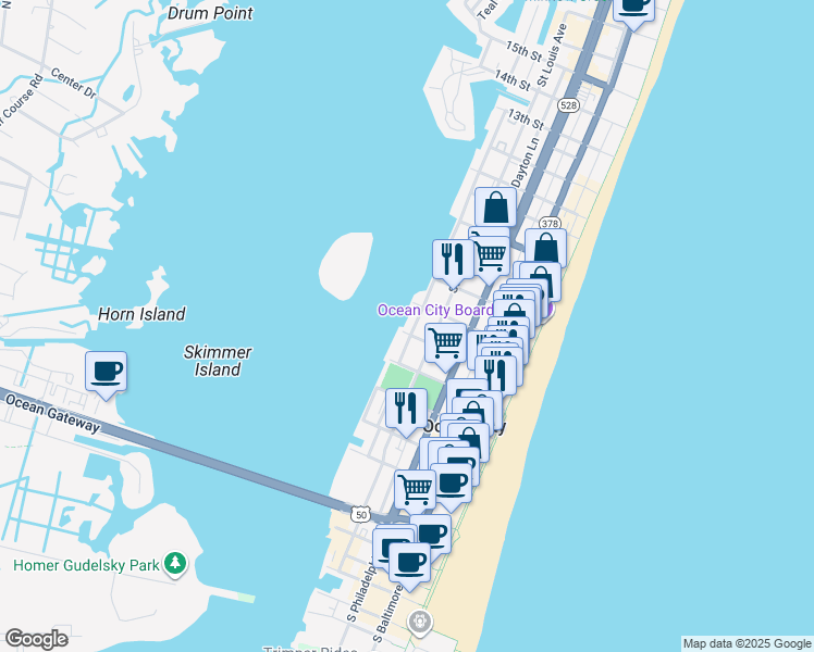 map of restaurants, bars, coffee shops, grocery stores, and more near 501 Edgewater Avenue in Ocean City