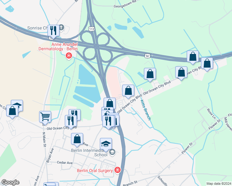 map of restaurants, bars, coffee shops, grocery stores, and more near 9715 Healthway Drive in Berlin