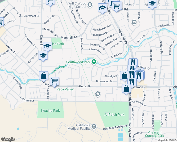 map of restaurants, bars, coffee shops, grocery stores, and more near 140 Ivy Court in Vacaville
