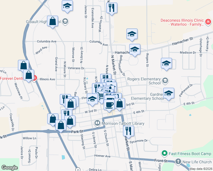 map of restaurants, bars, coffee shops, grocery stores, and more near 100 West 1st Street in Waterloo
