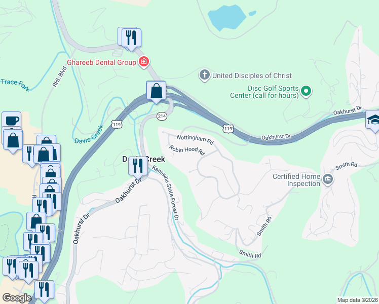 map of restaurants, bars, coffee shops, grocery stores, and more near 1400 Robin Hood Road in Charleston