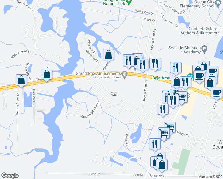 map of restaurants, bars, coffee shops, grocery stores, and more near 12407 Old Bridge Road in Ocean City