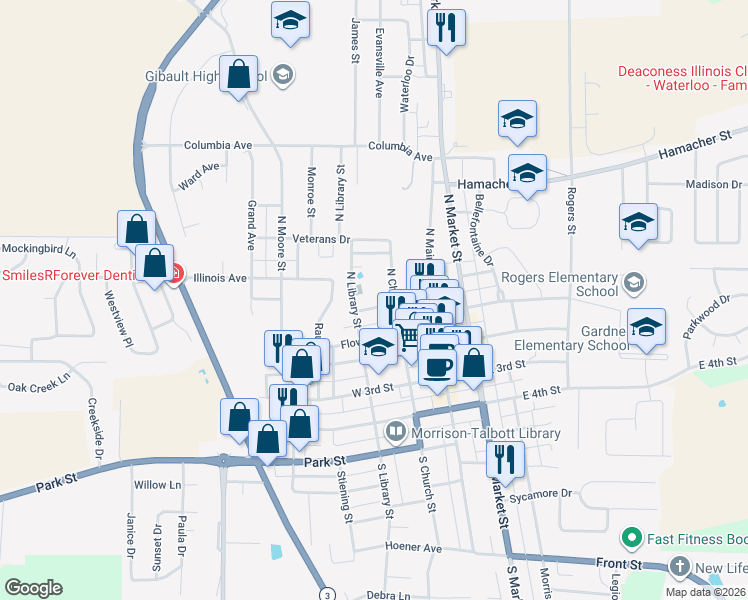 map of restaurants, bars, coffee shops, grocery stores, and more near 208 Magnolia Avenue in Waterloo
