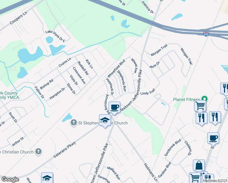 map of restaurants, bars, coffee shops, grocery stores, and more near 3124 Red Barn Loop in Jeffersonville