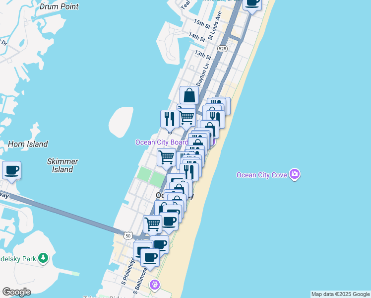 map of restaurants, bars, coffee shops, grocery stores, and more near 16 Wilmington Lane in Ocean City