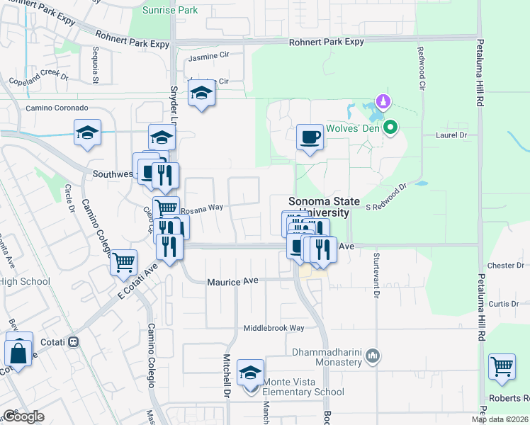map of restaurants, bars, coffee shops, grocery stores, and more near 71 Regents Circle in Rohnert Park
