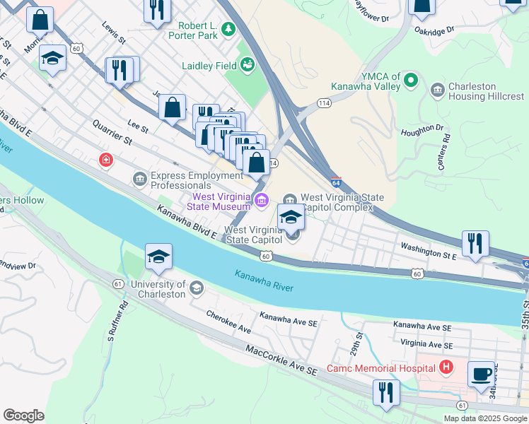 map of restaurants, bars, coffee shops, grocery stores, and more near 1900 Kanawha Boulevard East in Charleston