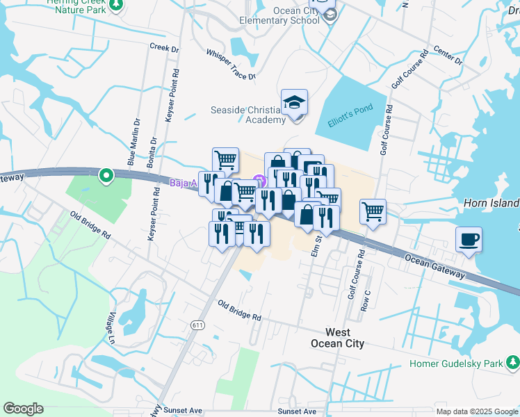 map of restaurants, bars, coffee shops, grocery stores, and more near Maryland 611 in Ocean City