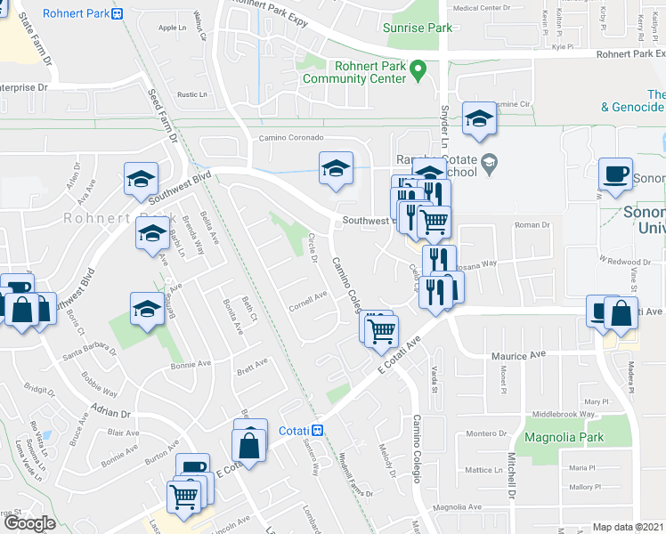 map of restaurants, bars, coffee shops, grocery stores, and more near 7188 Camino Colegio in Rohnert Park
