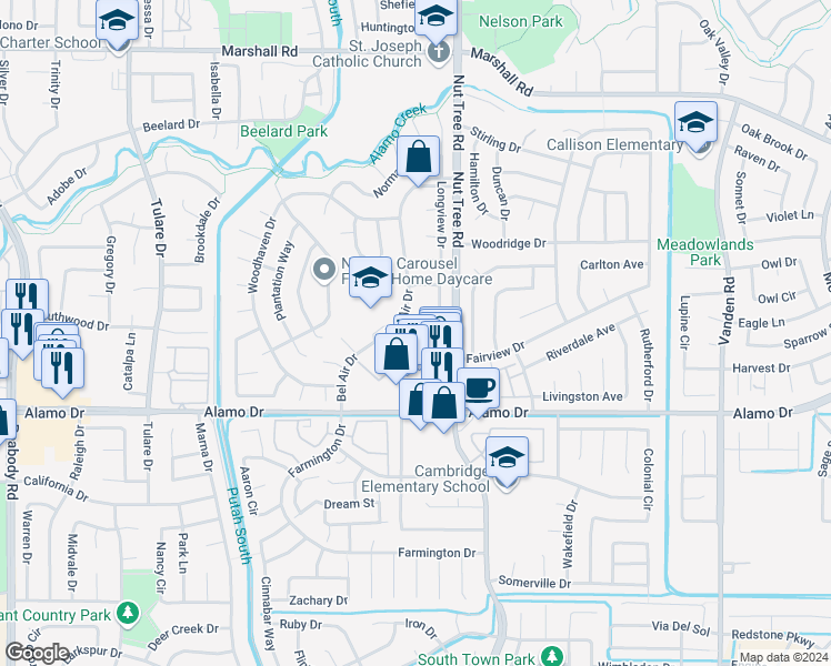 map of restaurants, bars, coffee shops, grocery stores, and more near 183 Woodbury Circle in Vacaville