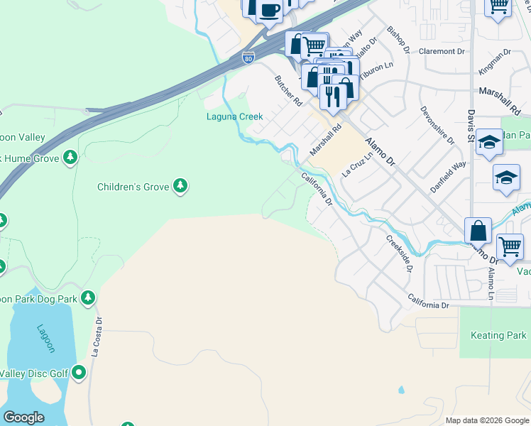 map of restaurants, bars, coffee shops, grocery stores, and more near 319 Marshall Road in Vacaville