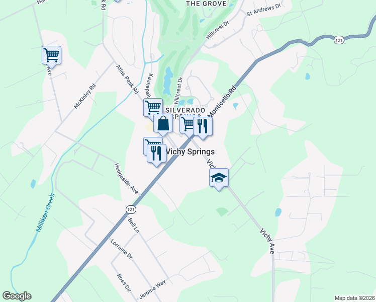 map of restaurants, bars, coffee shops, grocery stores, and more near 182 Silverado Springs Drive in Napa