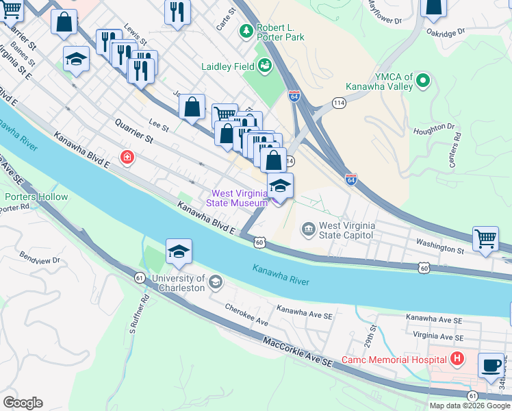 map of restaurants, bars, coffee shops, grocery stores, and more near 1698 Quarrier Street in Charleston