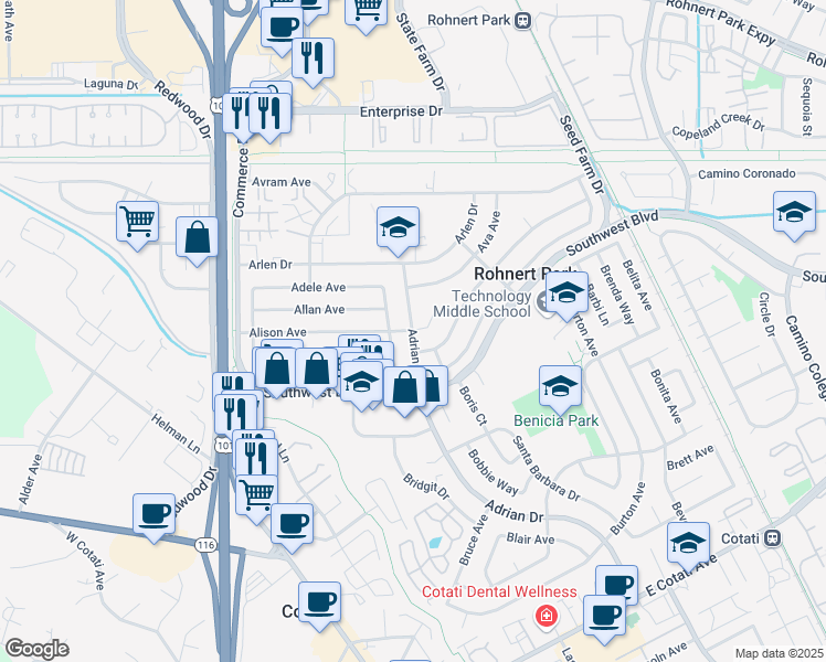 map of restaurants, bars, coffee shops, grocery stores, and more near Adrian Dr & Adrian Ct in Rohnert Park