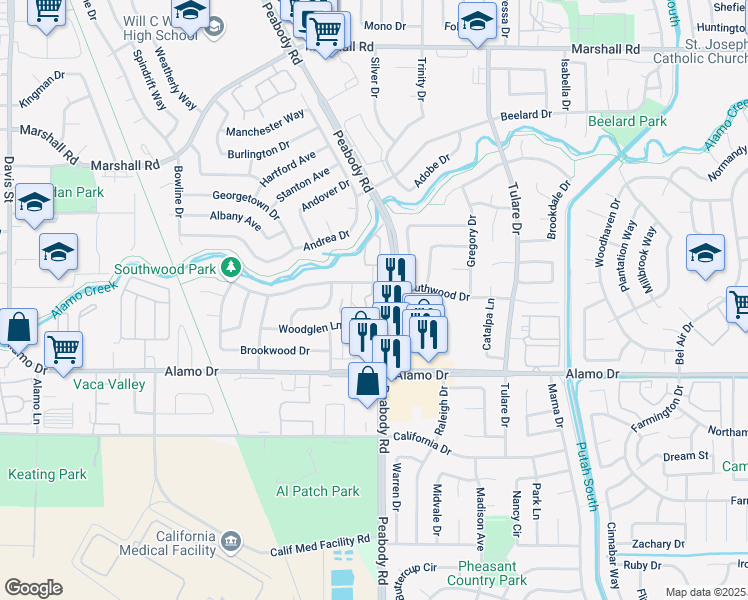 map of restaurants, bars, coffee shops, grocery stores, and more near 1958 Southwood Drive in Vacaville