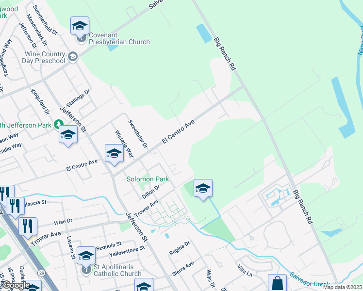 map of restaurants, bars, coffee shops, grocery stores, and more near 1047 El Centro Avenue in Napa