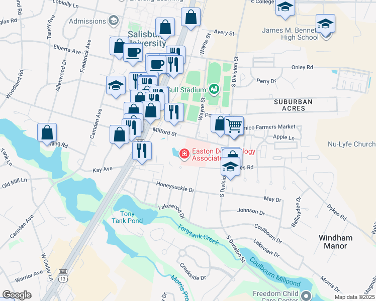 map of restaurants, bars, coffee shops, grocery stores, and more near 106 Milford Street in Salisbury