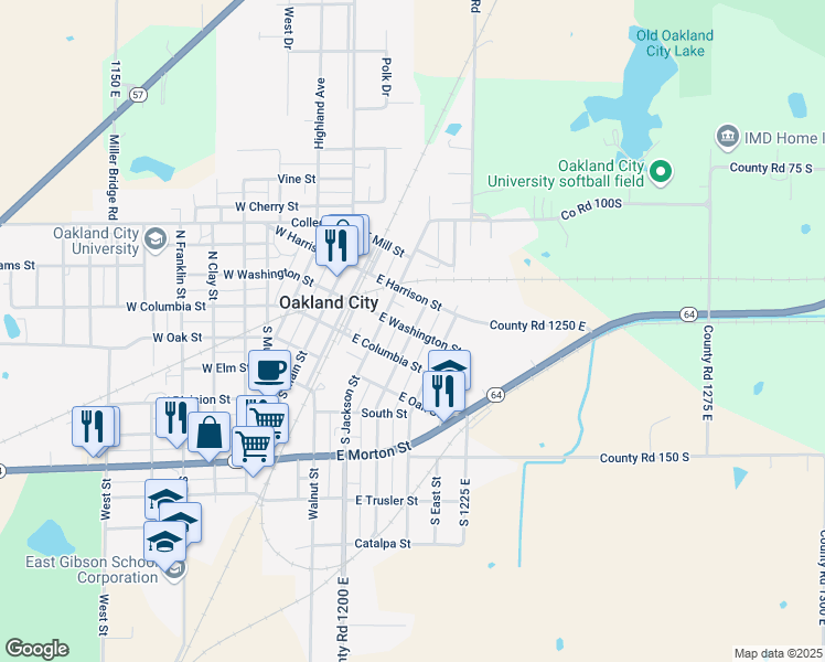 map of restaurants, bars, coffee shops, grocery stores, and more near 200 North Gibson Street in Oakland City