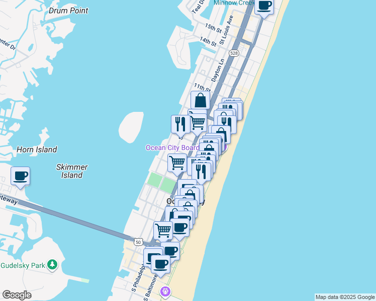 map of restaurants, bars, coffee shops, grocery stores, and more near 603 Philadelphia Avenue in Ocean City