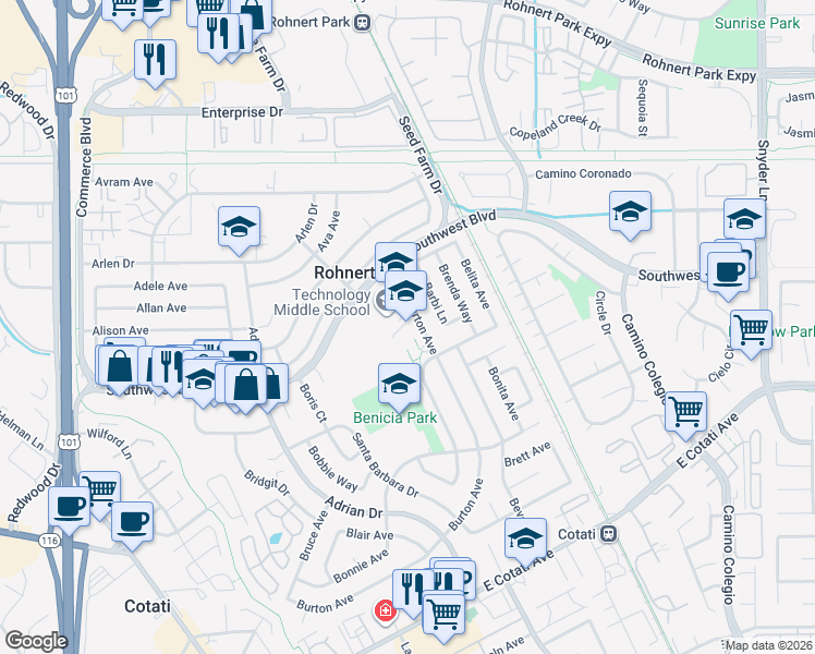 map of restaurants, bars, coffee shops, grocery stores, and more near 7165 Burton Avenue in Rohnert Park