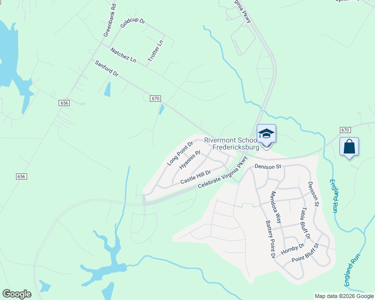 map of restaurants, bars, coffee shops, grocery stores, and more near 208 Long Point Drive in Fredericksburg