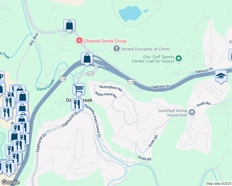 map of restaurants, bars, coffee shops, grocery stores, and more near 1410 Nottingham Road in Charleston