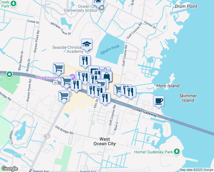 map of restaurants, bars, coffee shops, grocery stores, and more near 12741 Ocean Gateway in Ocean City