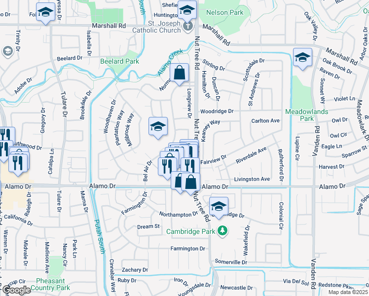 map of restaurants, bars, coffee shops, grocery stores, and more near 131 Woodbury Circle in Vacaville