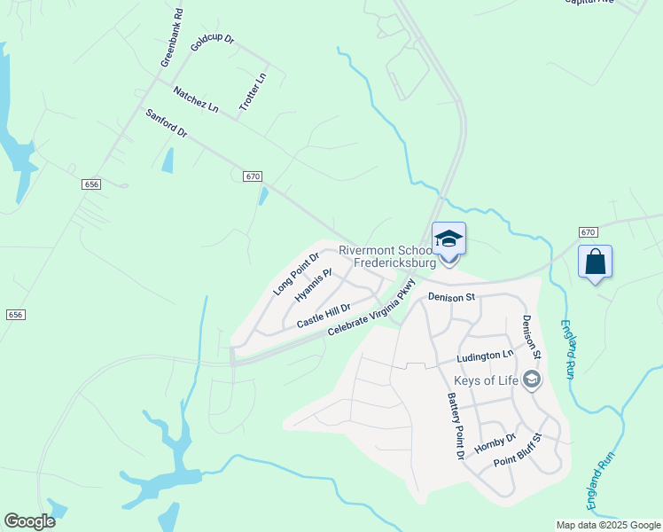 map of restaurants, bars, coffee shops, grocery stores, and more near 132 Hyannis Place in Fredericksburg