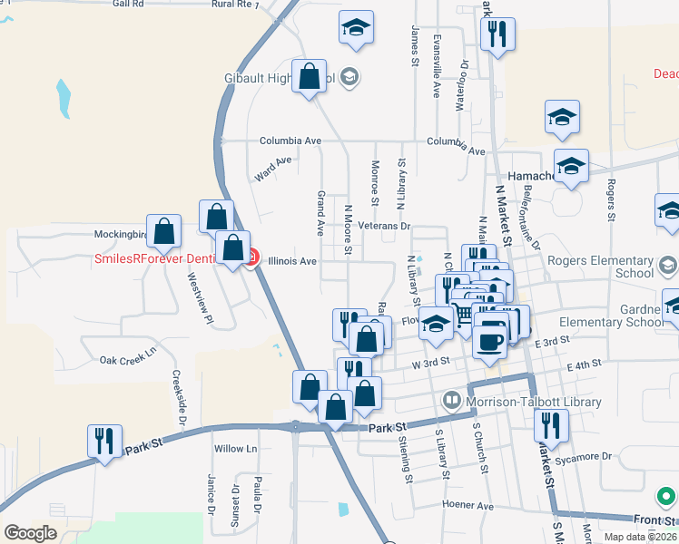 map of restaurants, bars, coffee shops, grocery stores, and more near 301 North Moore Street in Waterloo