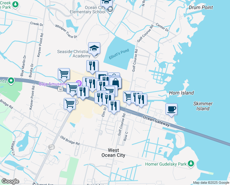 map of restaurants, bars, coffee shops, grocery stores, and more near 12741 Ocean Gateway in Ocean City