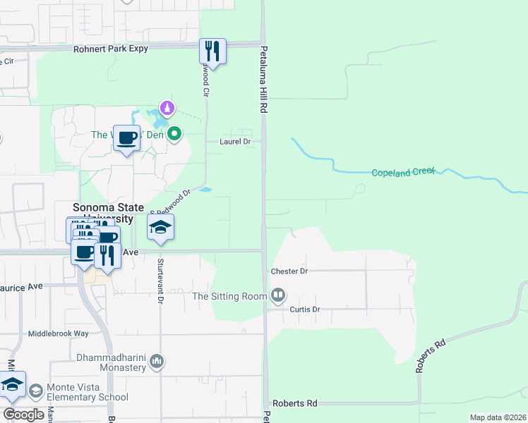 map of restaurants, bars, coffee shops, grocery stores, and more near 6642 Petaluma Hill Road in Rohnert Park