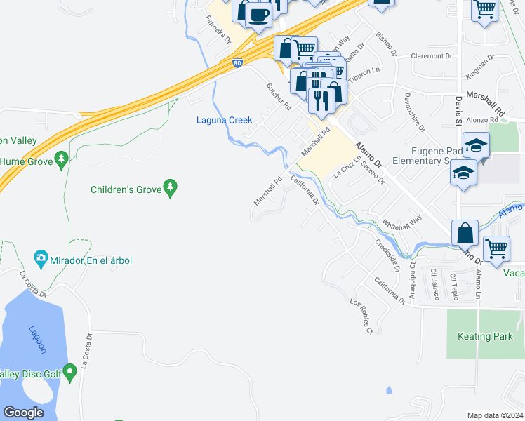 map of restaurants, bars, coffee shops, grocery stores, and more near 313 Marshall Road in Vacaville