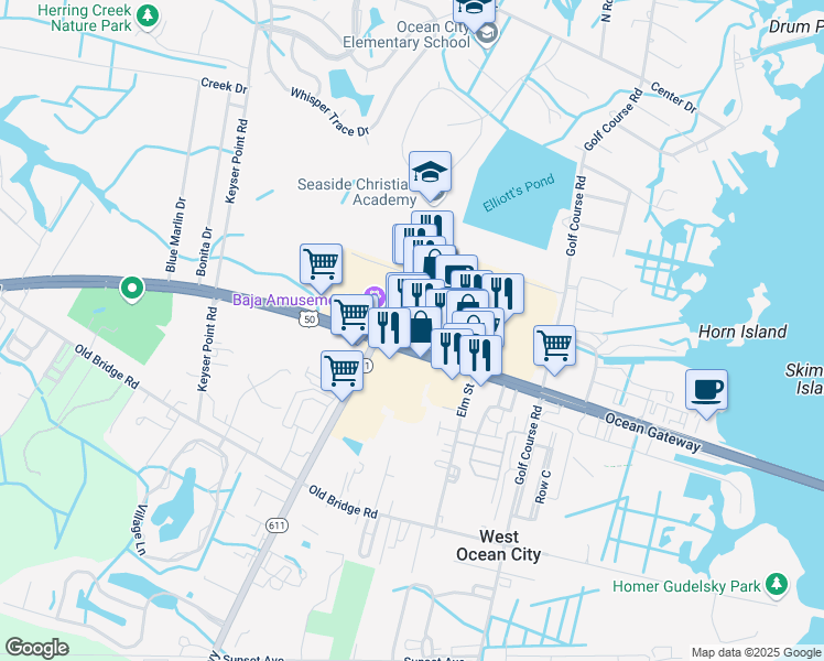 map of restaurants, bars, coffee shops, grocery stores, and more near 12641 Ocean Gateway in Ocean City