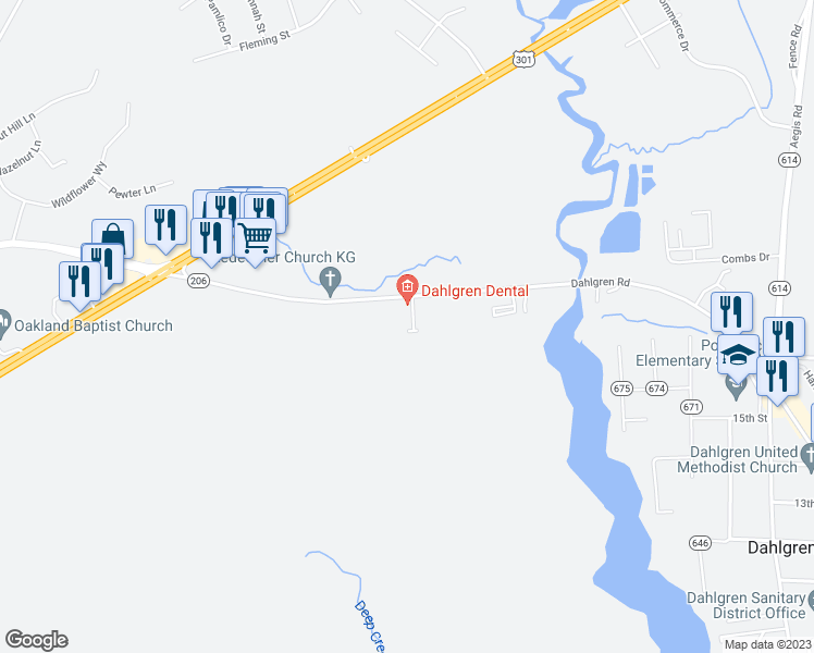 map of restaurants, bars, coffee shops, grocery stores, and more near 5232 King's Wood Lane in King George