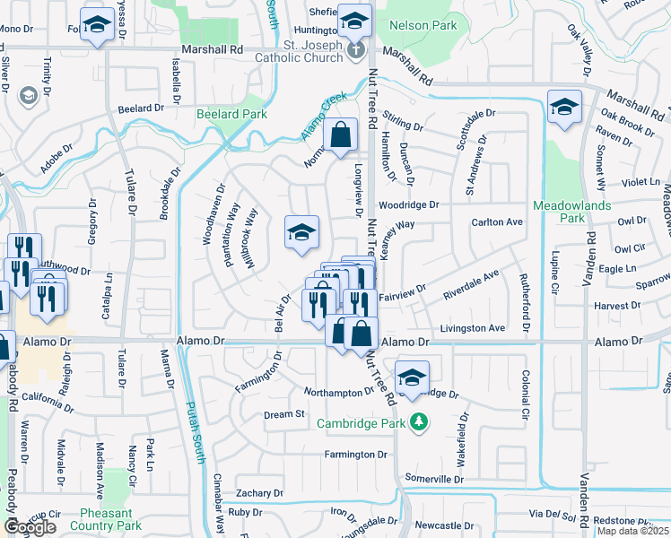 map of restaurants, bars, coffee shops, grocery stores, and more near 131 Woodbury Circle in Vacaville