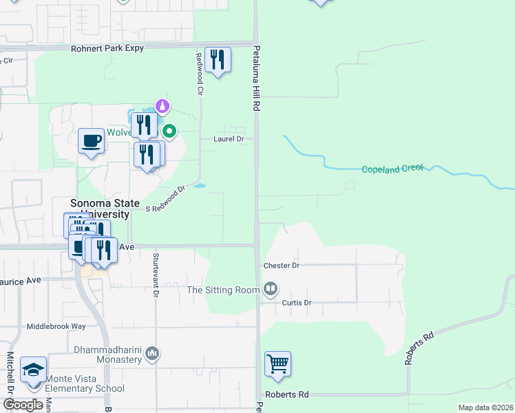 map of restaurants, bars, coffee shops, grocery stores, and more near 6642 Petaluma Hill Road in Rohnert Park