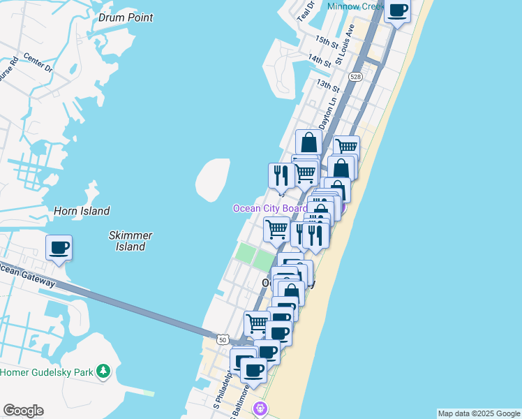 map of restaurants, bars, coffee shops, grocery stores, and more near 403 6th Street in Ocean City