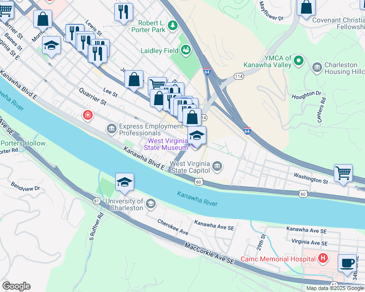 map of restaurants, bars, coffee shops, grocery stores, and more near 1698 Quarrier Street in Charleston
