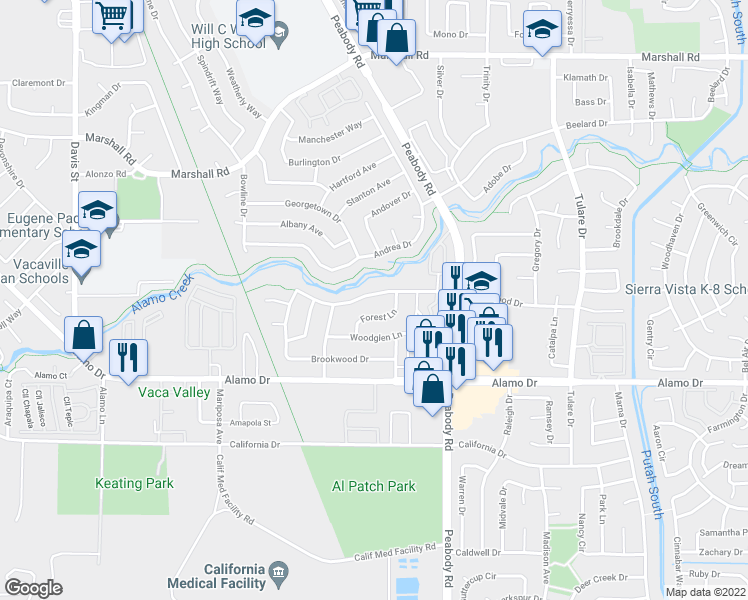 map of restaurants, bars, coffee shops, grocery stores, and more near 1878 Southwood Drive in Vacaville