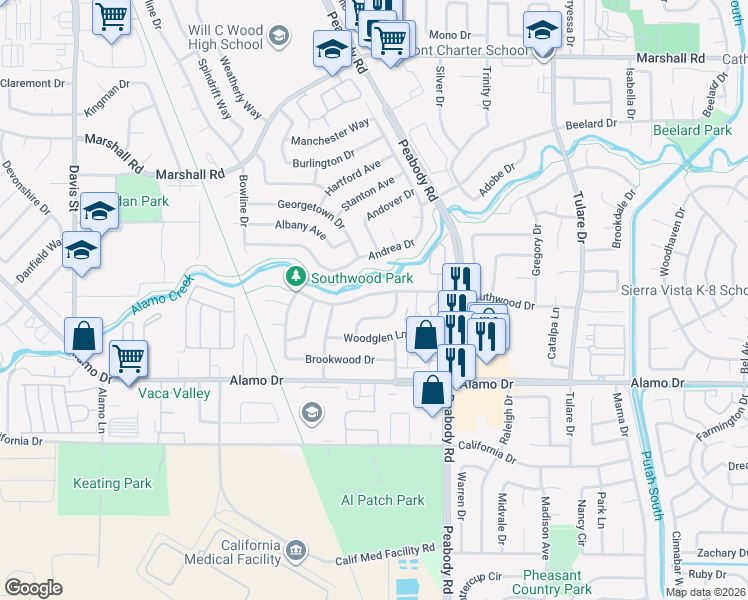 map of restaurants, bars, coffee shops, grocery stores, and more near 1878 Southwood Drive in Vacaville