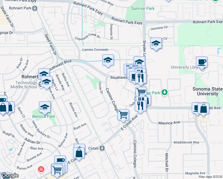 map of restaurants, bars, coffee shops, grocery stores, and more near 7125 Camino Colegio in Rohnert Park