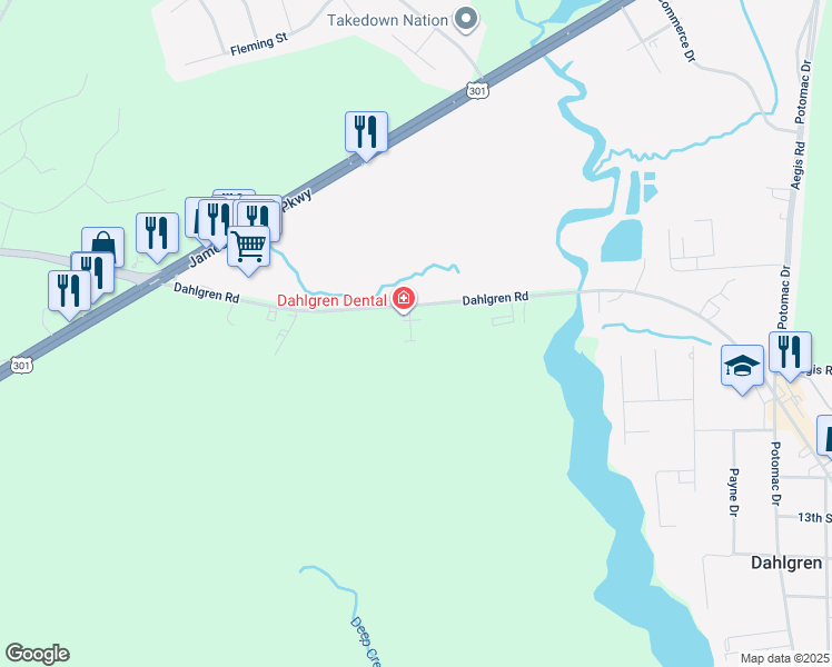 map of restaurants, bars, coffee shops, grocery stores, and more near 5235 King's Wood Lane in King George