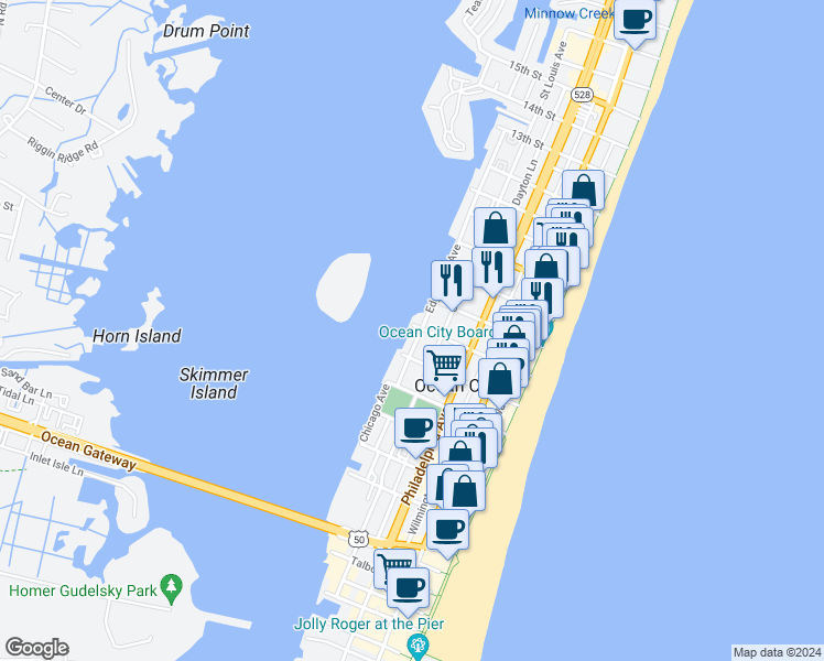 map of restaurants, bars, coffee shops, grocery stores, and more near 403 6th Street in Ocean City